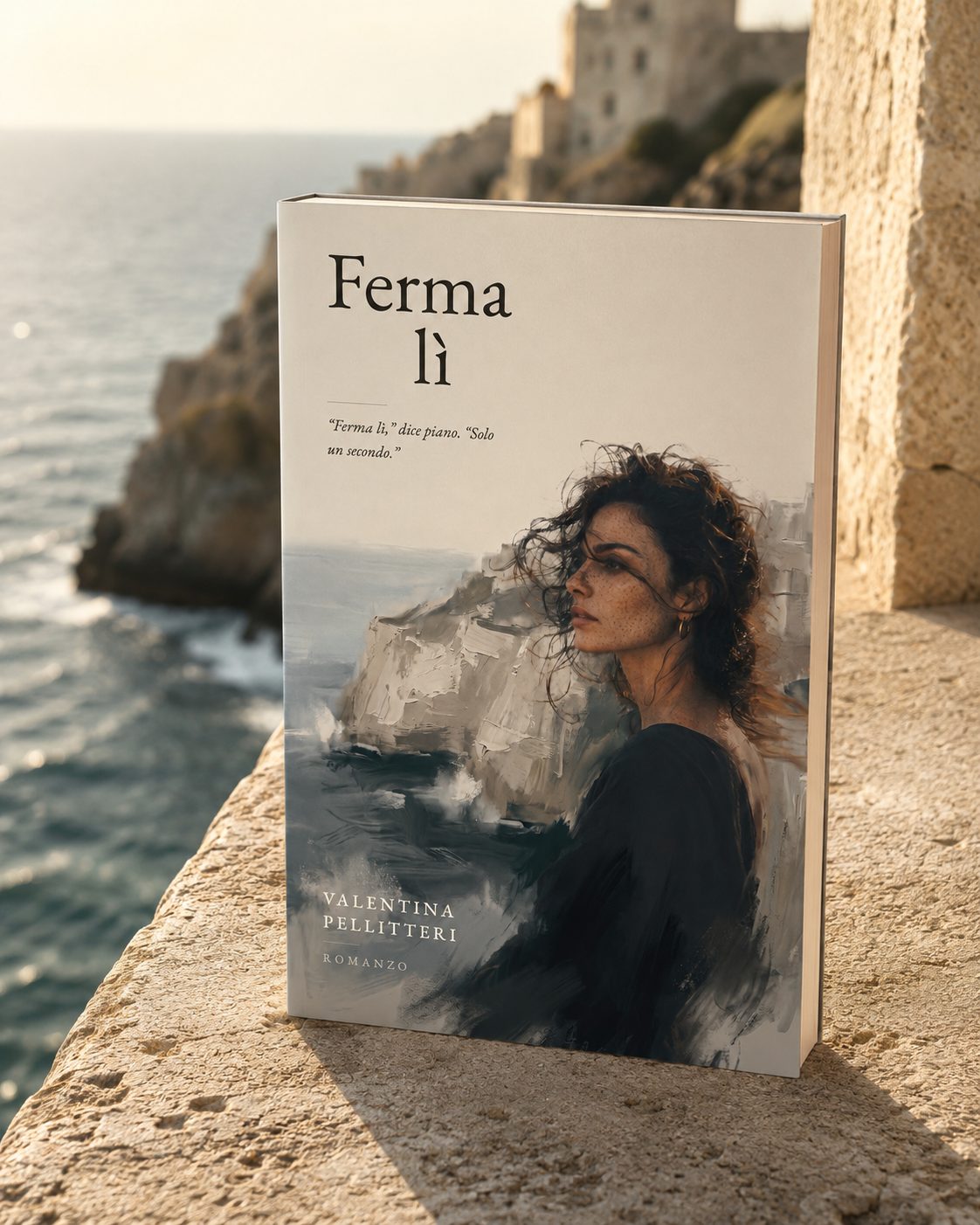 Copertina del romanzo Ferma lì di Valentina Pellitteri davanti al mare